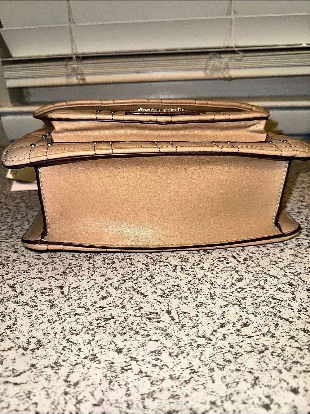 Ellen Tracy Studded Top Flap Satchel Quilted Shoulder Bag Tan NWT